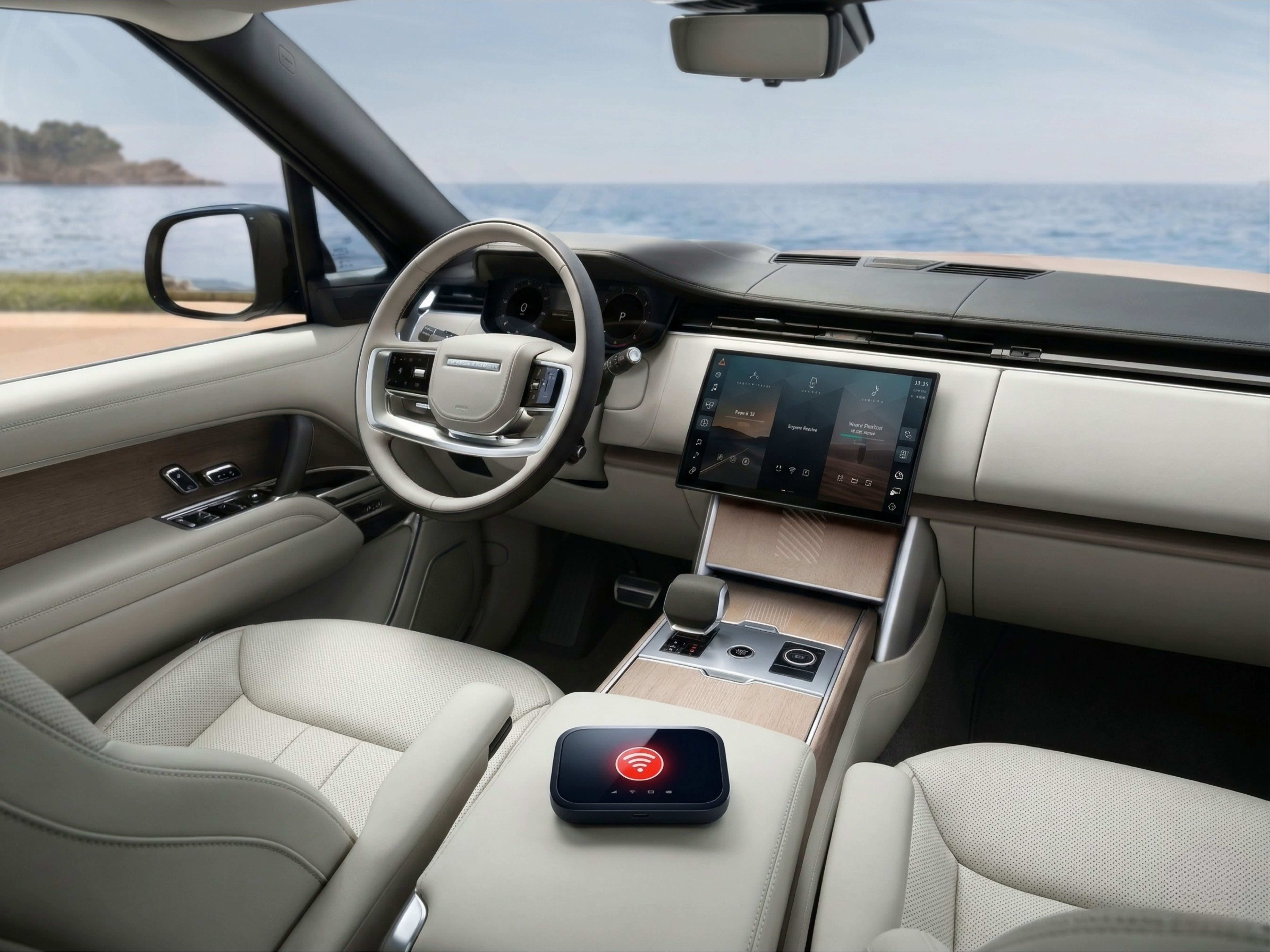 Next Day Car WiFi router inside a luxury Range Rover interior with ocean view